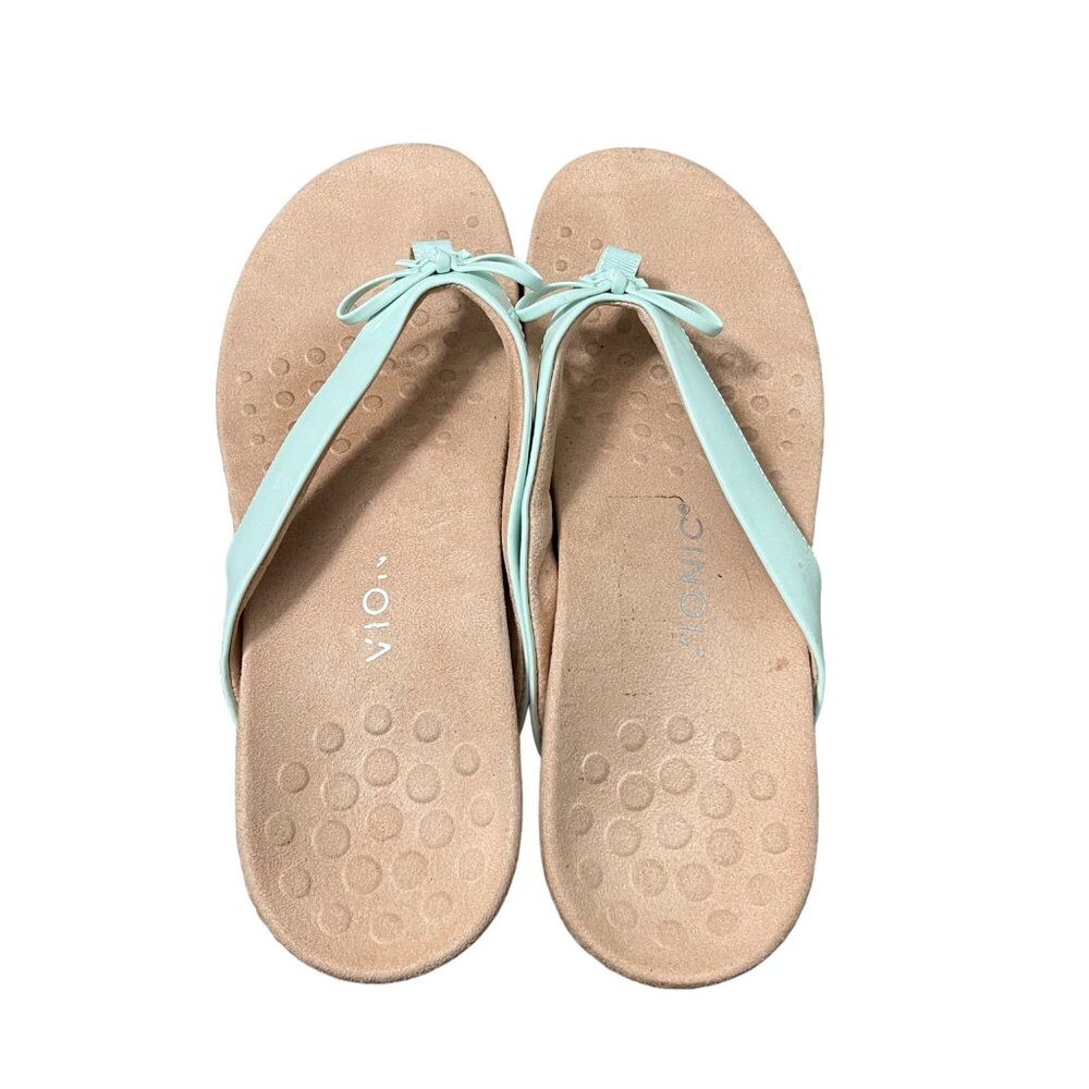 Vionic Mint Blue Bella II Bow Patent Leather Comfort Thong Sandals Womens Size 9 - Picture 5 of 9